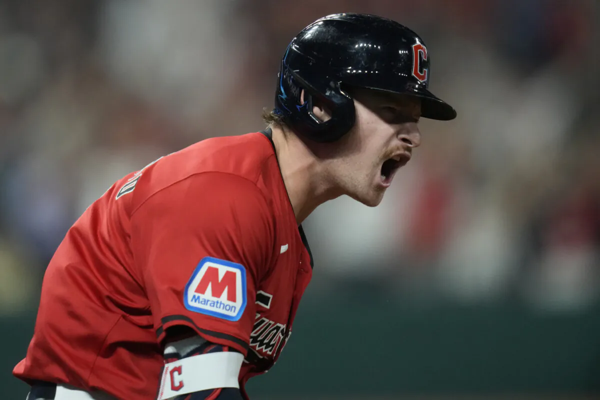 Cleveland Guardians' Kyle Manzardo reacts as he runs the bases after hitting a home run in the eighth inning of a baseball game against the Minnesota Twins in Cleveland, on Sept. 16, 2024. (Sue OgrockiAP Photo)