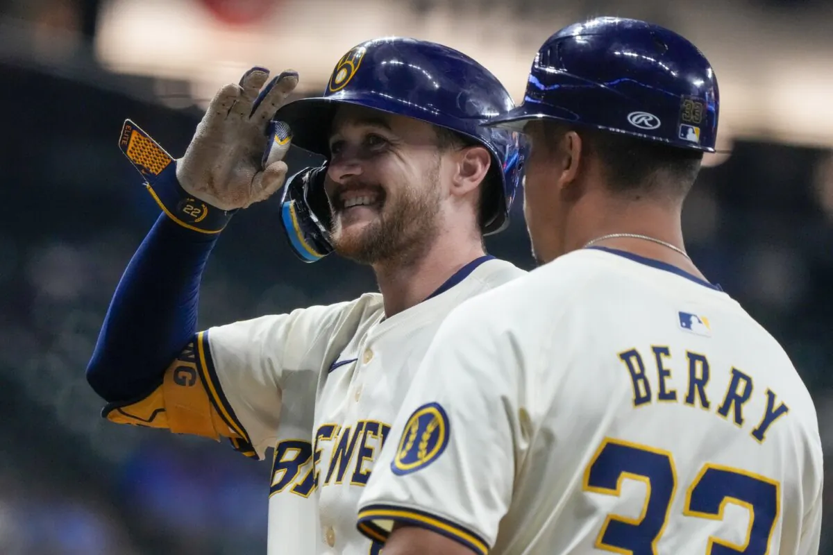 Milwaukee Brewers' Brice Turang reacts after hitting an RBI single during the sixth inning of a baseball game against the Philadelphia Phillies in Milwaukee, on Sept. 16, 2024. (Morry Gash/AP Photo)