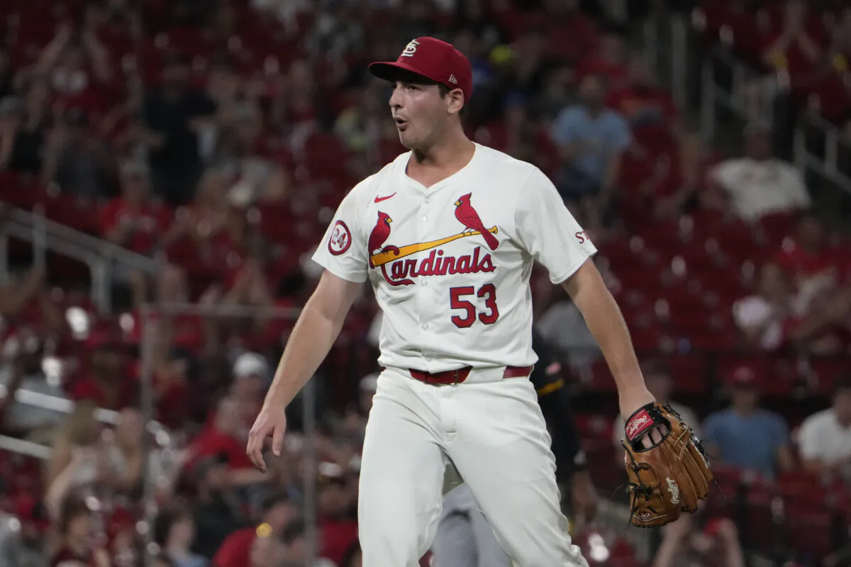 St. Louis Cardinals starting pitcher Andre Pallante celebrates after striking out Pittsburgh Pirates' Jared Triolo to end the top of the seventh inning of a baseball game in St. Louis, on Sept. 16, 2024. (Jeff Roberson/AP Photo)