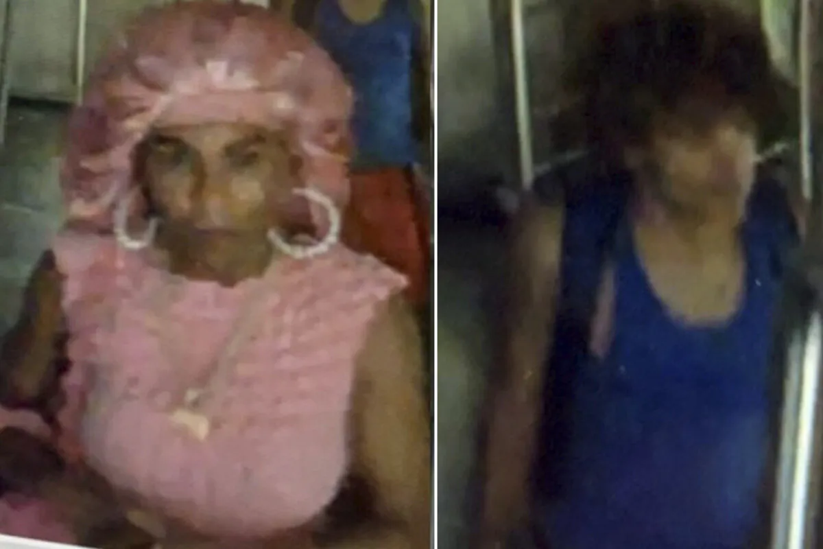 These images from surveillance camera video provided by the New York City Police Department, show two unidentified individuals being sought who entered an unoccupied New York City subway train and operated it, causing a collision and damage to the train, Sept. 12, 2024. (New York City Police Department via AP)