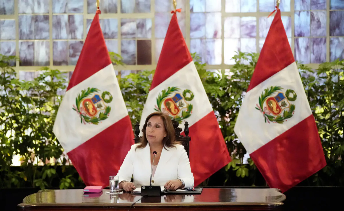 Peru's President Dina Boluarte speaks as she meets with foreign press, in Lima, Peru, on Jan. 24, 2023. (Angela Ponce/Reuters)