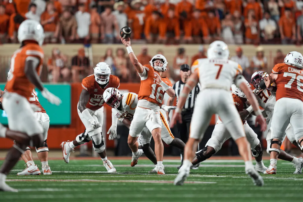 Texas Longhorns quarterback Arch Manning (16) throws a pass in the second half against the Louisiana Monroe Warhawks at Darrell K Royal-Texas Memorial Stadium. (Daniel Dunn-Images)