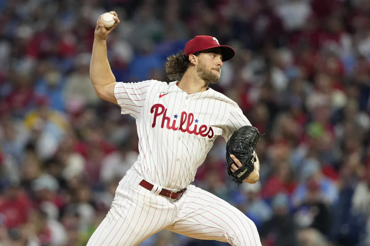 Philadelphia Phillies' Aaron Nola pitches during the second inning of a baseball game against the Chicago Cubs in Philadelphia, on Sept. 23, 2024.(Matt Slocum/AP Photo)