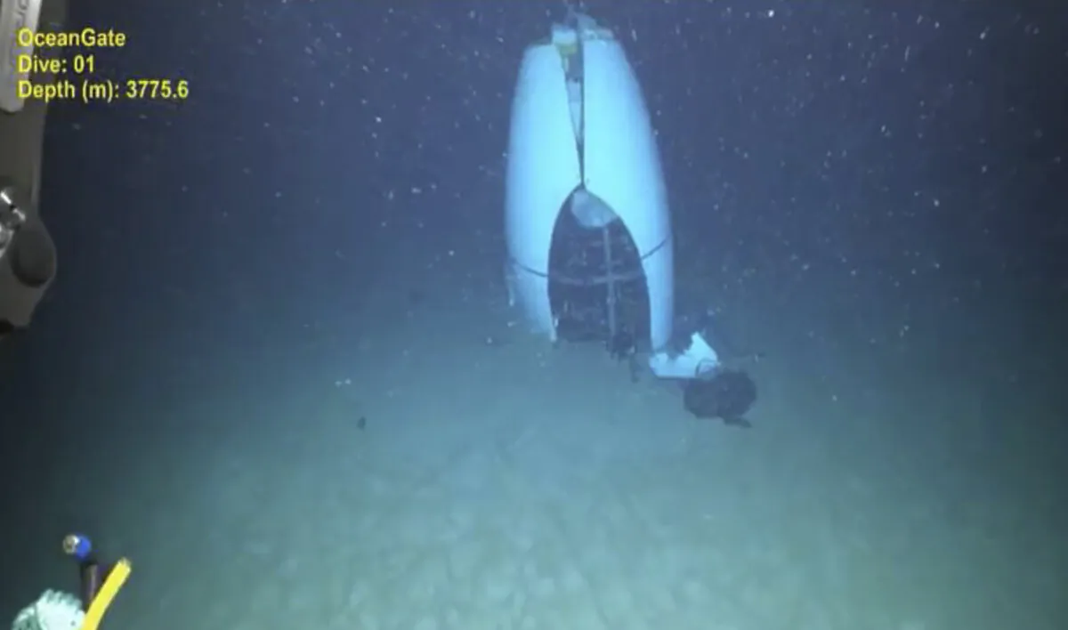 Remains of the Titan submersible on the floor of the Atlantic Ocean in June 2023. (Pelagic Research Services via AP)