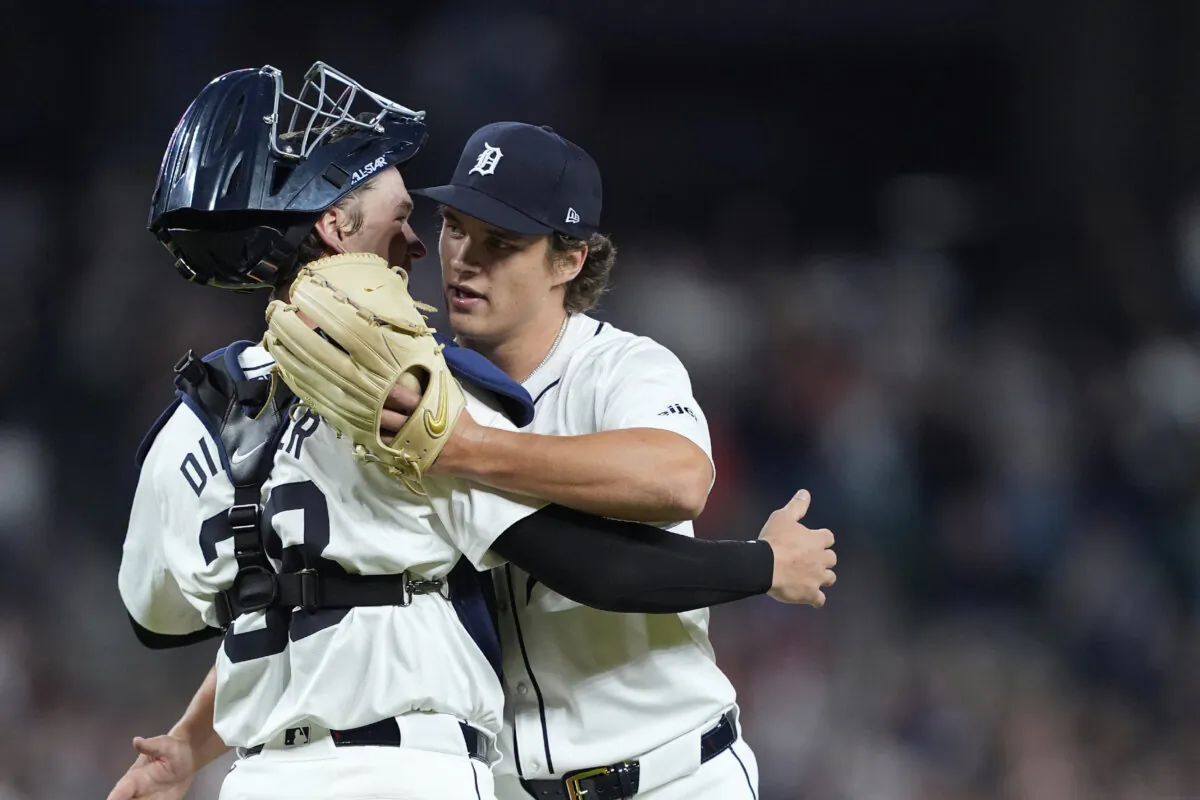 Detroit Tigers pitcher Jackson Jobe hugs catcher Dillon Dingler after making his major league debut to close out the ninth inning of a baseball game against the Tampa Bay Rays in Detroit on Sept. 25, 2024. (Carlos Osorio/AP Photo)