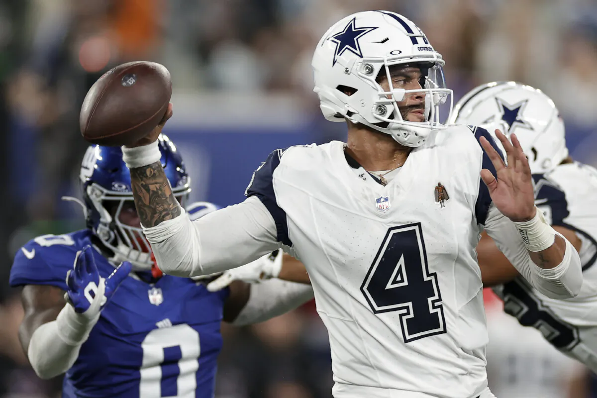 Dallas Cowboys quarterback Dak Prescott (4) passes against the New York Giants during the second quarter of an NFL football game in East Rutherford, N.J., on Sept. 26, 2024. (Adam Hunger/AP Photo)