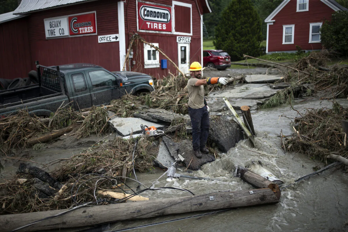 Zac Drown, of Lyndon Electric Company, stands amid flood damage in Lyndon, Vt., on July 30, 2024. (Dmitry Belyakov/AP Photo)