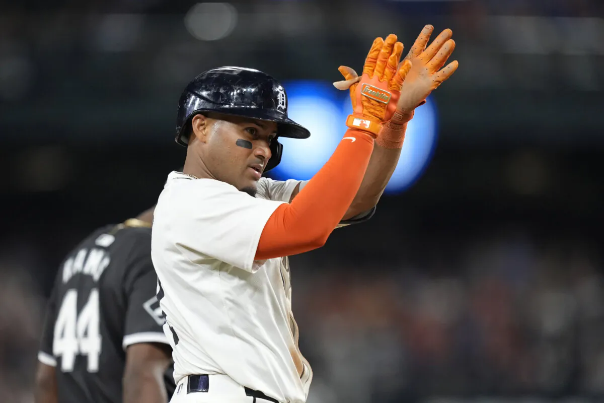Detroit Tigers' Andy Ibáñez reacts after reaching third during the seventh inning of a baseball game against the Chicago White Sox in Detroit, on Sept. 27, 2024. (Carlos Osorio/AP Photo)