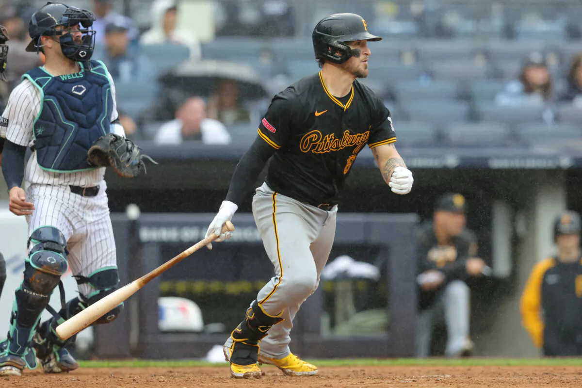Pittsburgh Pirates catcher Yasmani Grandal (6) follows through on an RBI single against the New York Yankees during the ninth inning at Yankee Stadium in New York on Sept. 28, 2024. (Brad Penner/Imagn Images via Reuters)