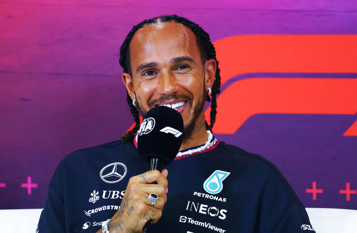 Lewis Hamilton attends the drivers press conference during previews ahead of the F1 Grand Prix of Italy on Aug. 29, 2024. (Clive Rose/Getty Images)