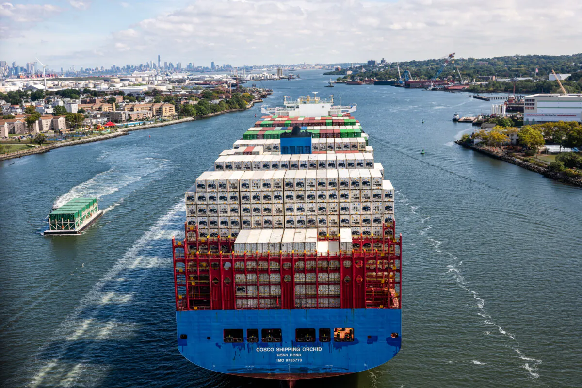 A container ship departs the Port of Newark for the Atlantic Ocean on Sept. 30, 2024. (Spencer Platt/Getty Images)