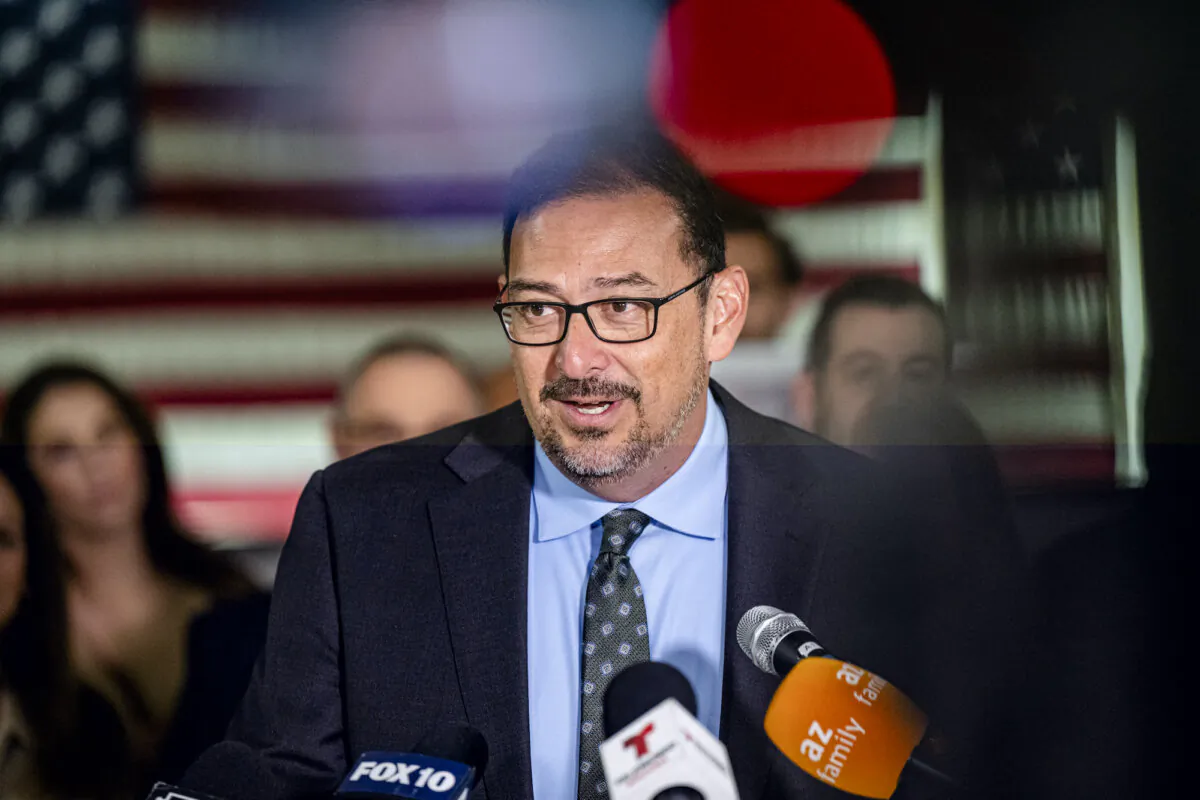 Newly elected Arizona Secretary of State Adrian Fontes gives a speech at American Legion Post 41 in Phoenix on Nov. 14, 2022. (Jon Cherry/Getty Images)