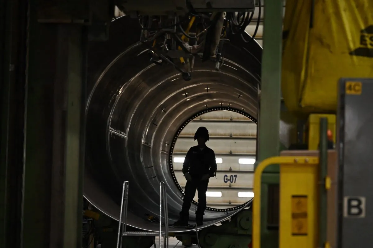 A factory worker is seen at a wind tower-manufacturing plant in Pueblo, Colo., on Nov. 29, 2023. (Andrew Caballero-Reynolds/AFP/Getty Images)