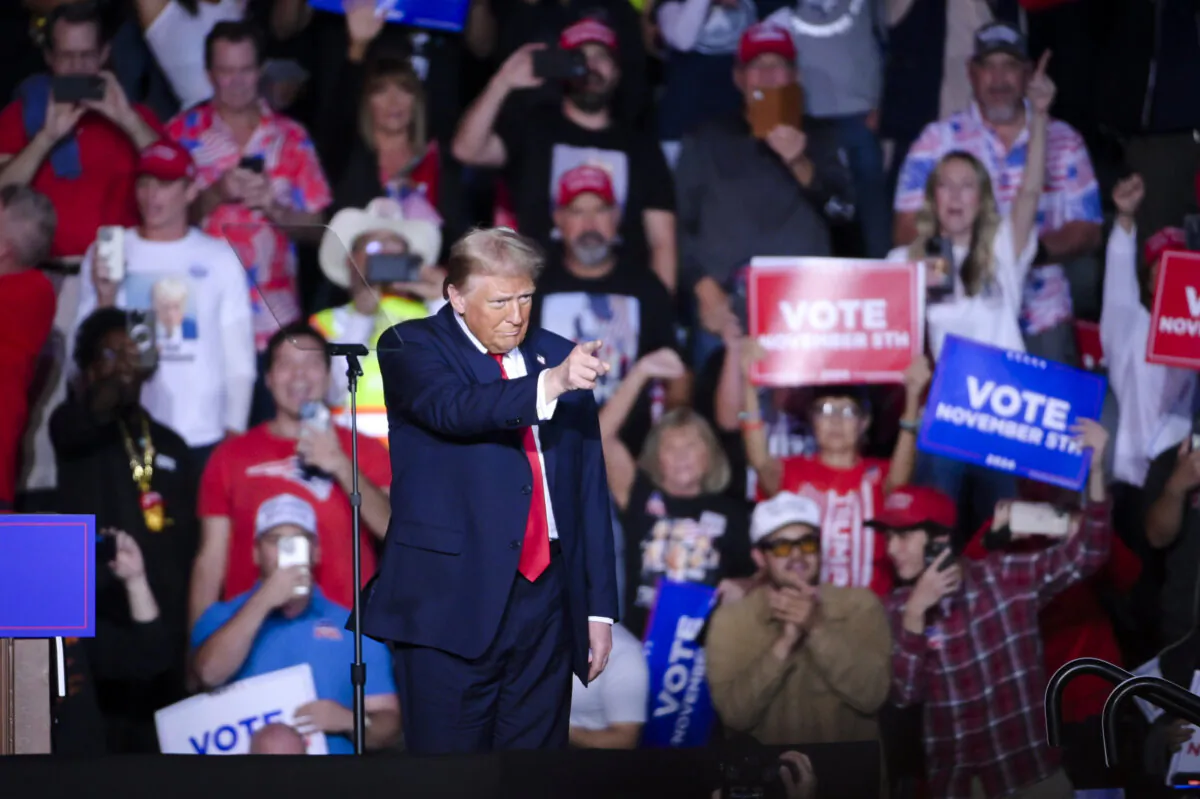 Republican presidential nominee former president Donald Trump speaks during a campaign event at Lee’s Family Forum in Henderson, Nev., on Oct. 31, 2024. (Jacob Kepler for The Epoch Times)