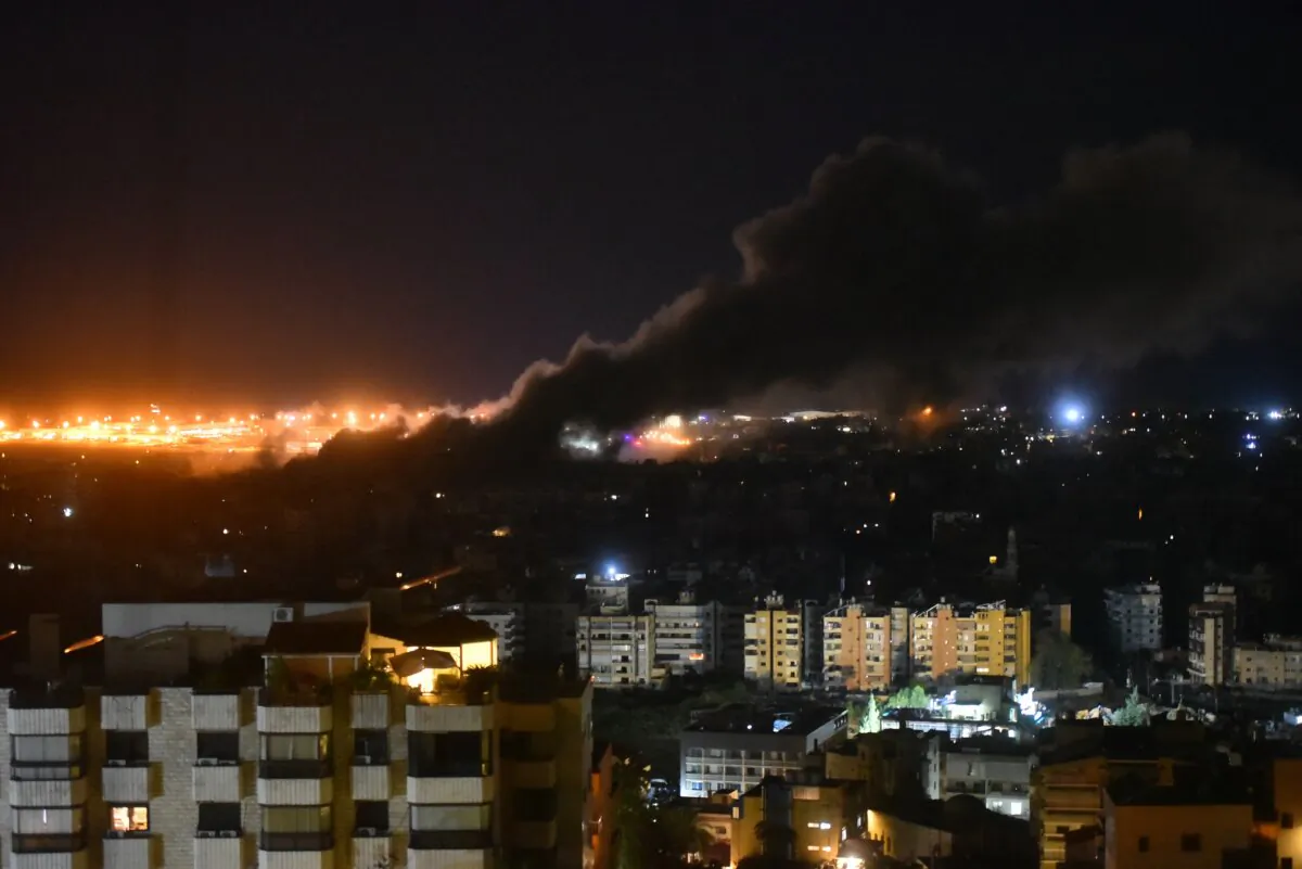Smoke rises from the site of a strike amid ongoing hostilities between the Hezbollah terrorist group and Israeli forces, in Beirut’s southern suburb early on Oct. 1, 2024. (Fadel Itani/Getty Images)