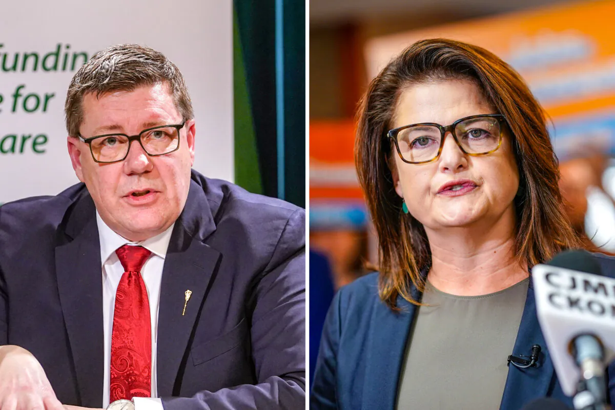(Left) Saskatchewan Premier Scott Moe speaks during a press conference before the 2024-2025 Saskatchewan budget is presented in Regina, on March 20, 2024; (Right) Saskatchewan NDP Leader Carla Beck speaks to the media to launch her party’s election campaign in Regina, on Oct. 1, 2024. (The Canadian Press/Heywood Yu)