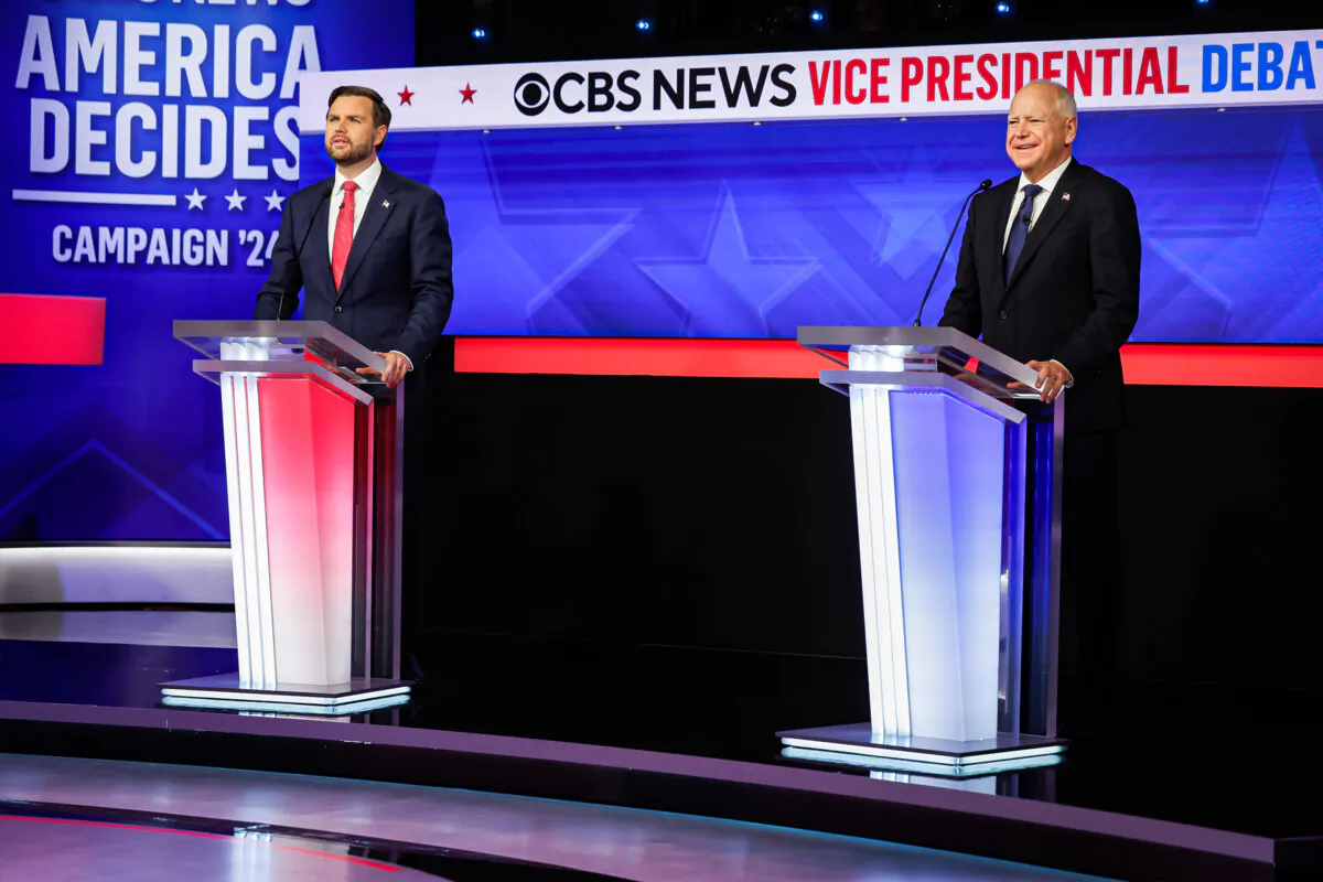 Republican vice presidential candidate, Sen. JD Vance (R-OH), and Democratic vice presidential candidate, Minnesota Gov. Tim Walz, participate in a debate at the CBS Broadcast Center on October 1, 2024 in New York City. (Chip Somodevilla/Getty Images)