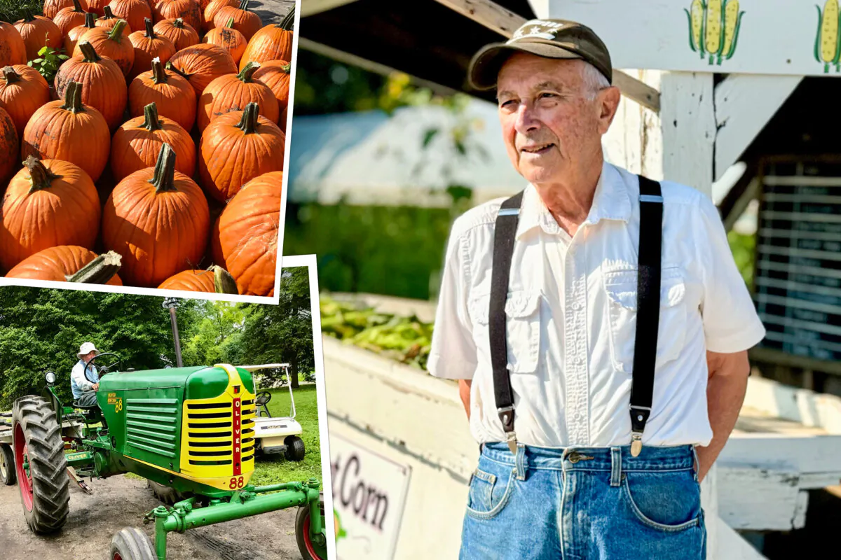 Jeremy Mayne, 80, the owner of Mayneland Farm in Naperville, Illinois. (Illustration by The Epoch Times, Photos John Burkowski)