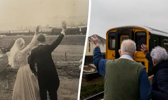 Couple Recreates 65-Year-Old Wedding Photo, Waving at Passing Train
