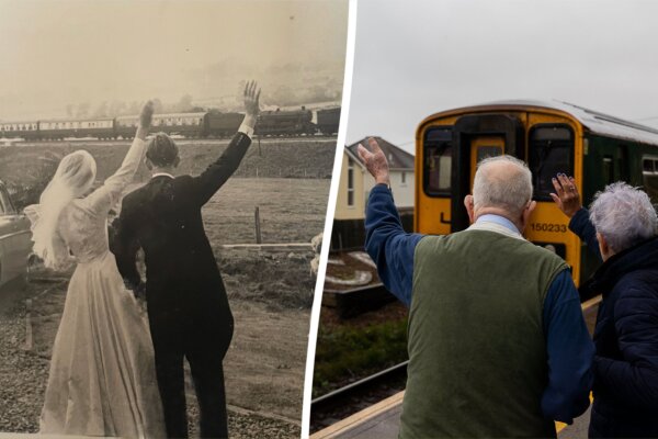 Couple Recreates 65-Year-Old Wedding Photo, Waving at Passing Train