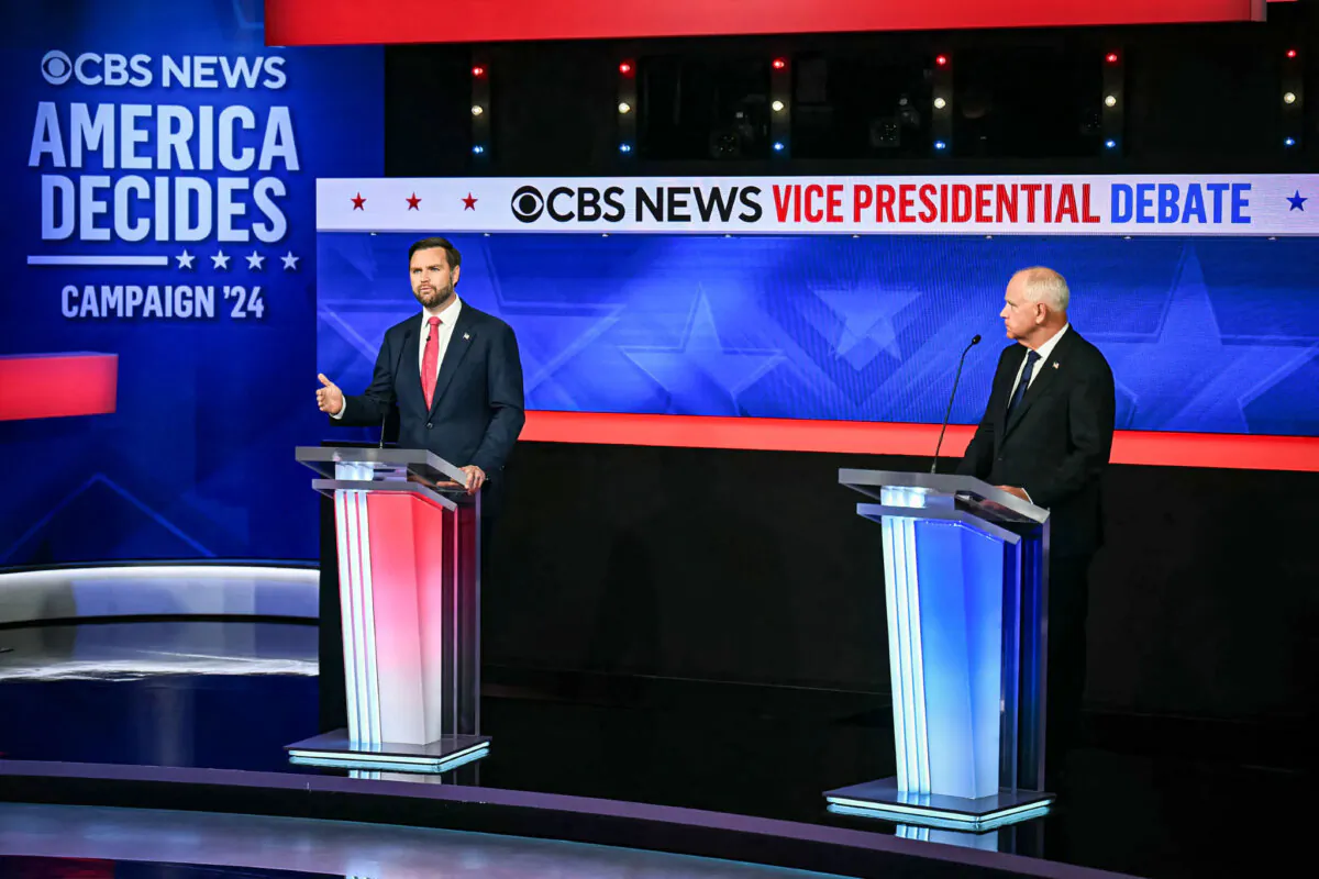 Republican vice presidential candidate Ohio Sen. JD Vance and Democratic vice presidential candidate Minnesota Gov. Tim Walz participate in a debate at the CBS Broadcast Center in New York City on October 1, 2024. (Chip Somodevilla/Getty Images)