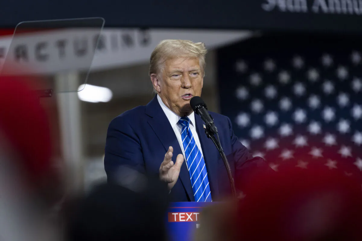 Republican presidential nominee, former President Donald Trump speaks at a campaign event at Dane Manufacturing in Waunakee, Wisconsin, on Oct. 1, 2024. (Scott Olson/Getty Images)