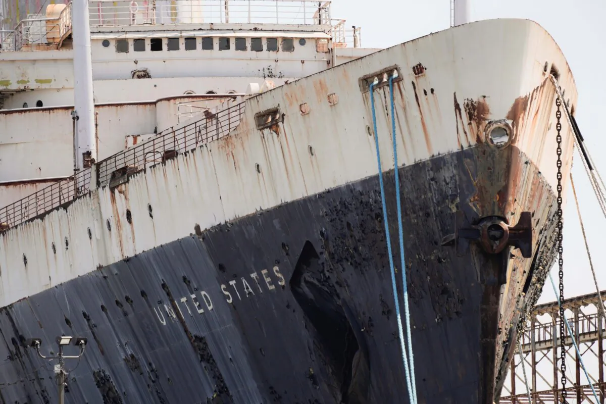 S.S. United States is moored on the Delaware River in Philadelphia on Sept. 4, 2024. (Matt Rourke/AP Photo)