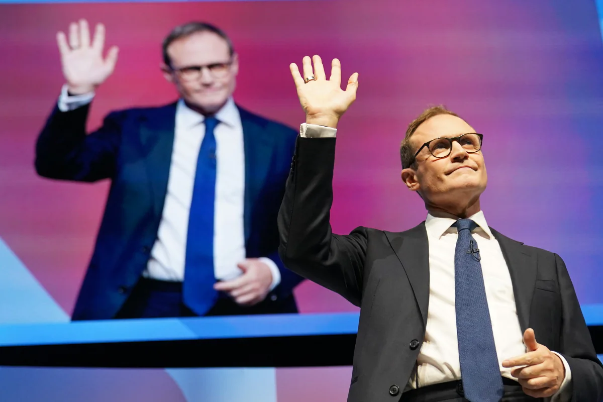 Conservative Party leadership candidate Tom Tugendhat delivers a speech during the Conservative Party Conference at the International Convention Centre in Birmingham, England, on Oct. 2, 2024. (Stefan Rousseau/PA Wire)
