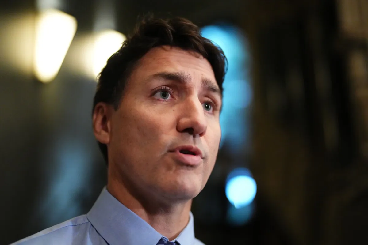 Prime Minister Justin Trudeau delivers a statement to reporters prior to a caucus meeting on Parliament Hill in Ottawa on Oct. 2, 2024. (The Canadian Press/Sean Kilpatrick)