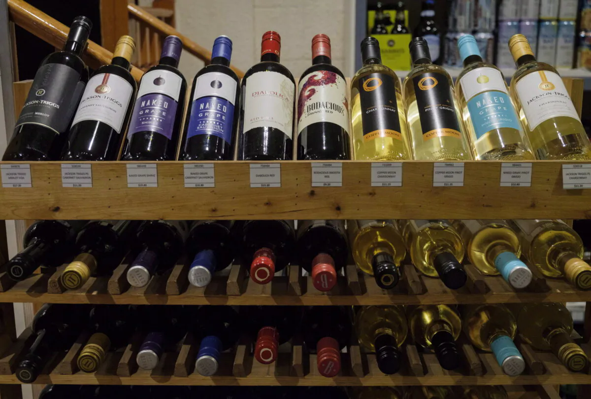 Bottles of wine are shown on display at a liquor store in Cremona, Alta., on Feb. 7, 2018. (The Canadian Press/Jeff McIntosh)