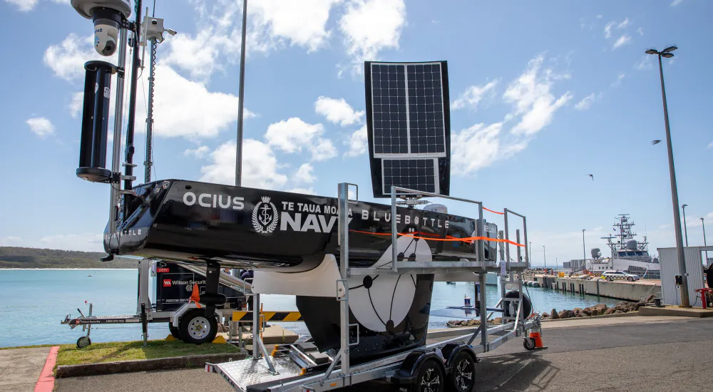 An uncrewed "Bluebottles" vessel, powered by renewable energy, which is deployed by NZ to patrol its Exclusive Economic Zone (EEZ). (New Zealand Department of Defence)
