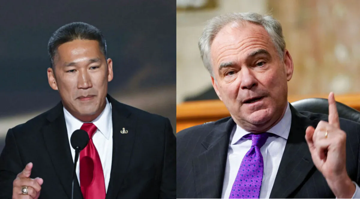 (Left) U.S. Senate candidate from Virginia Hung Cao speaks at the 2024 Republican National Convention in Milwaukee, Wis., on July 16, 2024. (Andrew Caballero-Reynolds/AFP via Getty Images) (Right) Sen. Tim Kaine (D-Va.) speaks during a Senate Committee on Foreign Relations hearing on Capitol Hill on Sept. 24, 2020. (Susan Walsh-Pool/Getty Images)