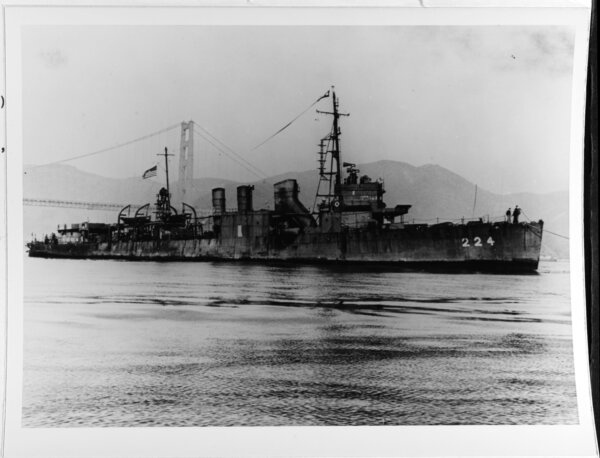Arriving under tow in San Francisco Bay, California in early March 1946. (Photo courtesy of Donald M. McPherson, 1977. U.S. Naval History and Heritage Command photograph.)
