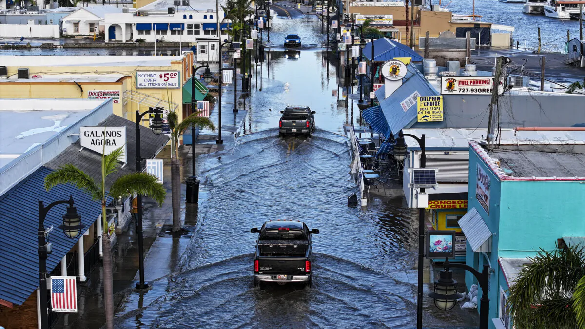 Flood waters inundate the main street after Hurricane Helene passed offshore in Tarpon Springs, Fla., on Sept. 27, 2024. (Joe Raedle/Getty Images)