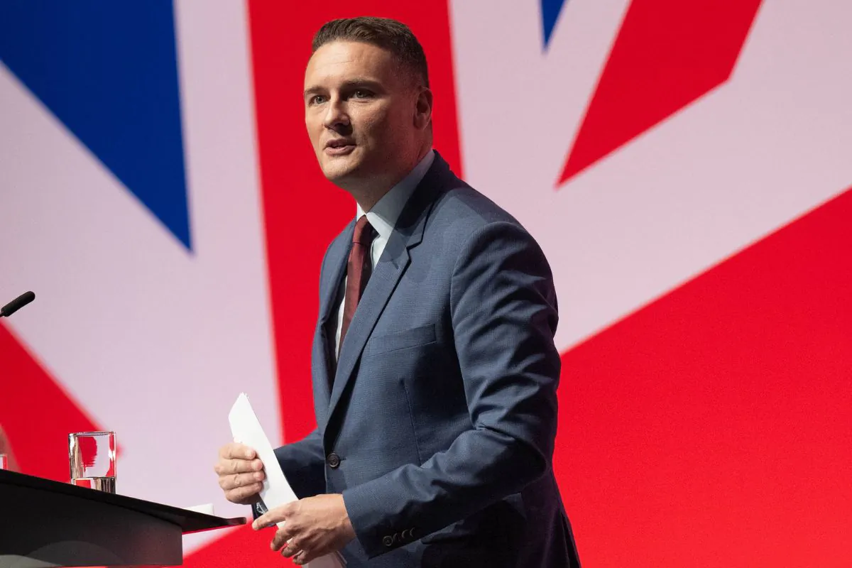 Health Secretary Wes Streeting addresses the Labour Party Conference in Liverpool, England, on Sept. 25, 2024. (Stefan Rousseau/PA Wire)
