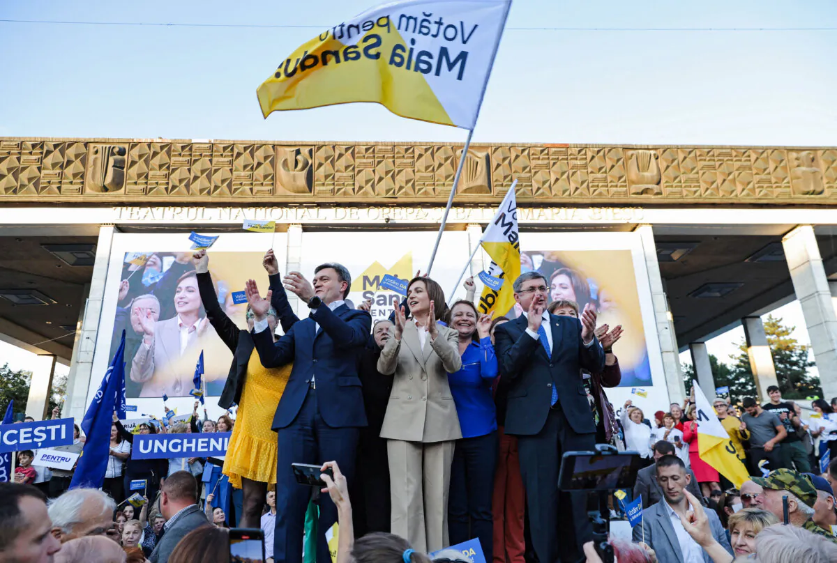 Moldovan President Maia Sandu (C) at a campaign rally in Chisinau, Moldova, on Sept. 20, 2024. (Vladislav Culiomza/Reuters)