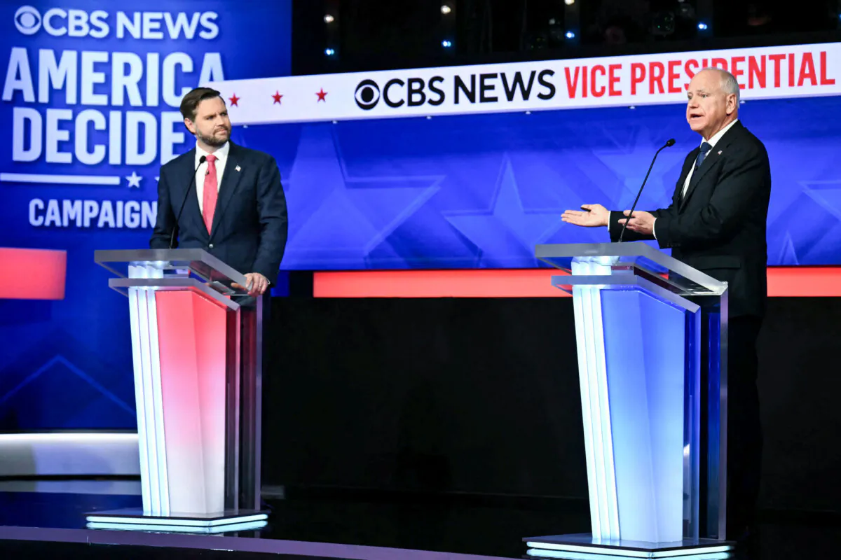 Republican vice presidential nominee Sen. JD Vance (R-Ohio) (L) and Minnesota Gov. and Democratic vice presidential nomoinee Tim Walz participate in the vice presidential debate hosted by CBS News at the CBS Broadcast Center in New York City on Oct. 1, 2024. (Angela Weiss/AFP via Getty Images)