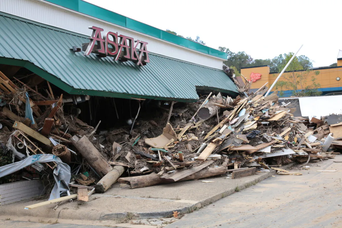 The Asaka, a Japanese restaurant, pictured after the floodwaters swamped Biltmore Village, Asheville, N.C. Photo taken on Oct. 3, 2024. (Richard Moore/The Epoch Times)