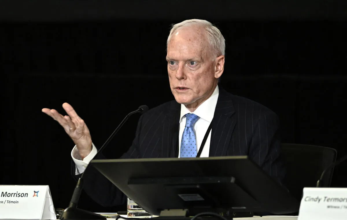 David Morrison, deputy minister of foreign affairs, appears as a witnesses with representatives from Global Affairs Canada at the Foreign Interference Commission in Ottawa, on Oct. 4, 2024. (The Canadian Press/Justin Tang)