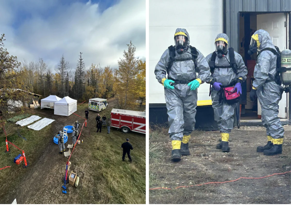 Members of the Alberta Law Enforcement Response Teams dismantle a suspected drug manufacturing laboratory in a rural area near Valleyview, Alta., in October 2024. (ALERT)
