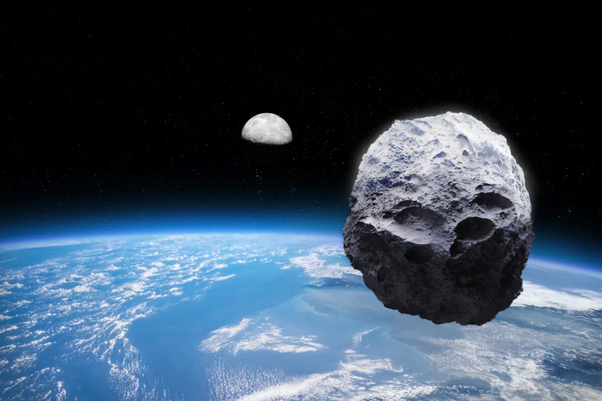 An illustration by The Epoch Times shows an asteroid orbiting the Earth. (Shutterstock/ buradaki/ Rawhi302/ Mikael Damkier)