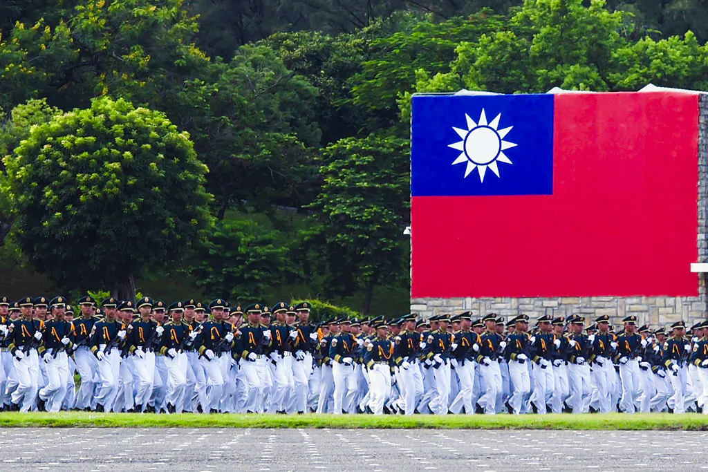 Students from the Republic of China Military Academy march during the academy's 100th anniversary ceremony in Kaohsiung, Taiwan, on June 16, 2024. (Sam Yeh/AFP via Getty Images)