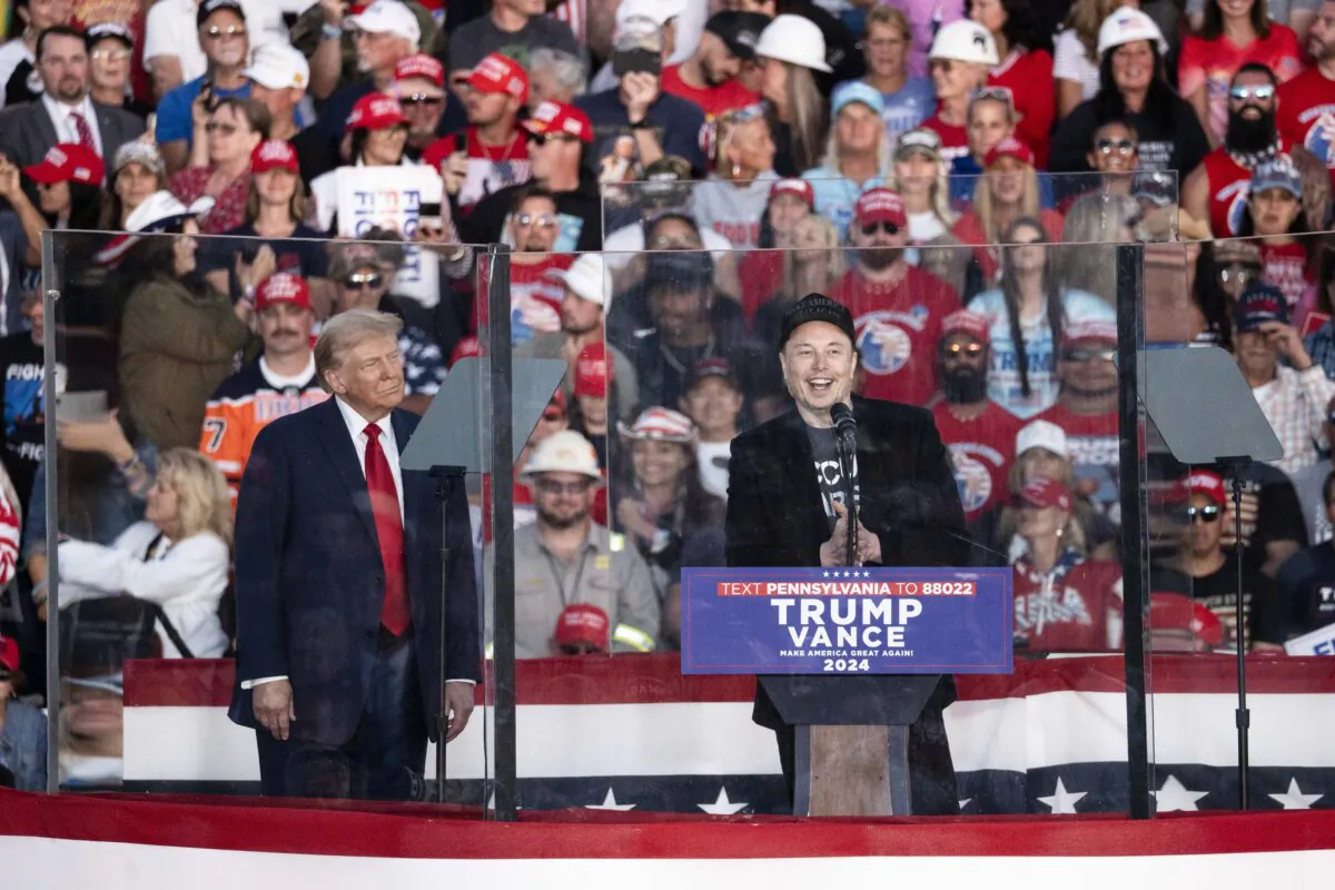 Elon Musk, founder, CEO, and Chief Engineer of SpaceX, speaks during Republican presidential nominee former President Donald J. Trump’s rally at Butler Farm Show in Butler, Pa., on Oct. 5, 2024. (Samira Bouaou/The Epoch Times)