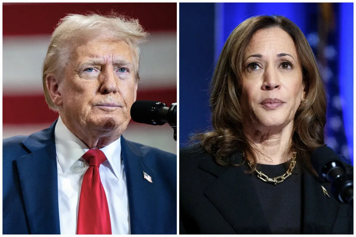 (Left) Former President Donald Trump speaks to attendees during a campaign rally at the Mosack Group warehouse in Mint Hill, N.C., on Sept. 25, 2024. (Right) Vice President Kamala Harris speaks at an event hosted by The Economic Club of Pittsburgh at Carnegie Mellon University in Pittsburgh, on Sept. 25, 2024. (Brandon Bell, Jeff Swensen/Getty Images)