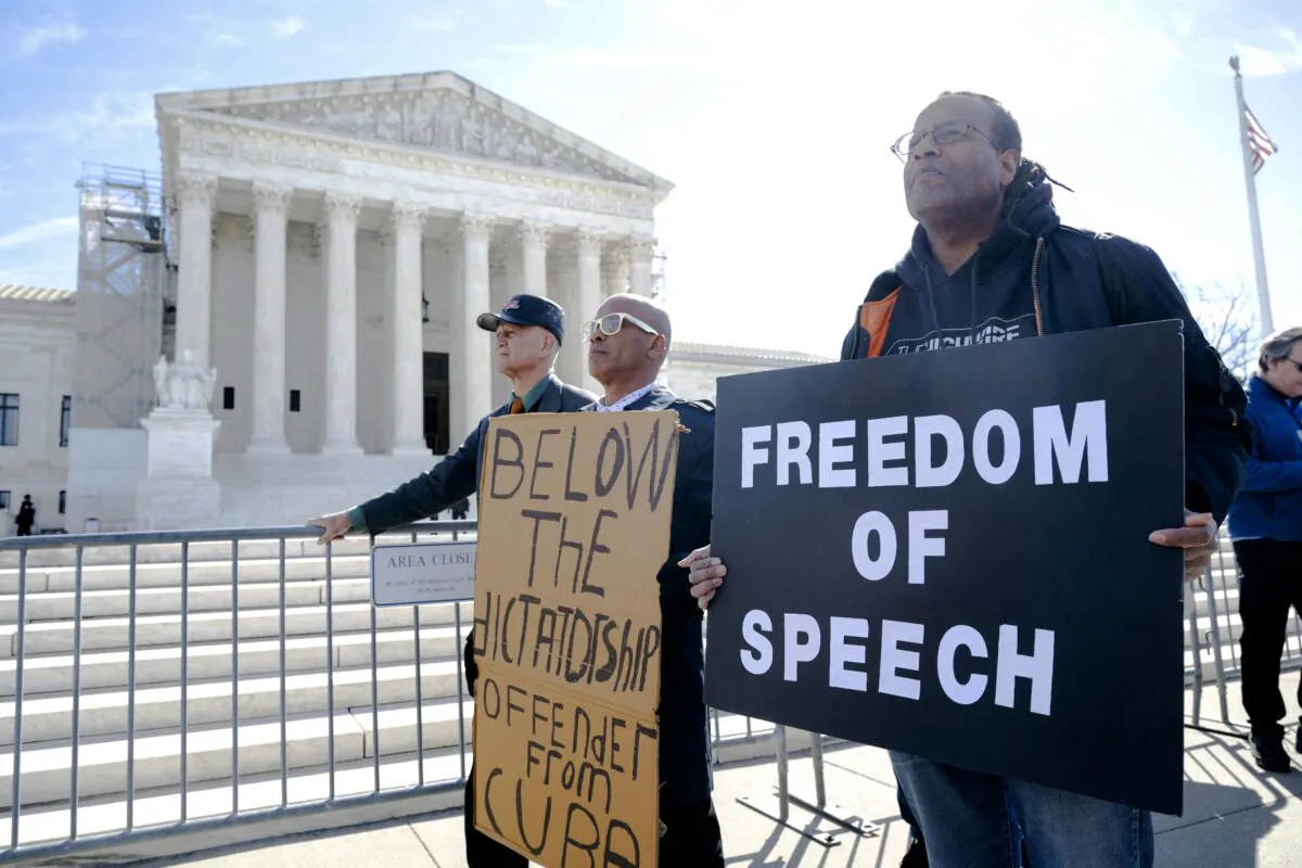 Conservative demonstrators, who allege that the government pressured or colluded with social media platforms to censor right-leaning content under the guise of fighting misinformation, protest outside the U.S. Supreme Court in Washington on March 18, 2024, as the Court hears oral arguments in the case of Murthy v. Missouri. (Saul Loeb/AFP via Getty Images)