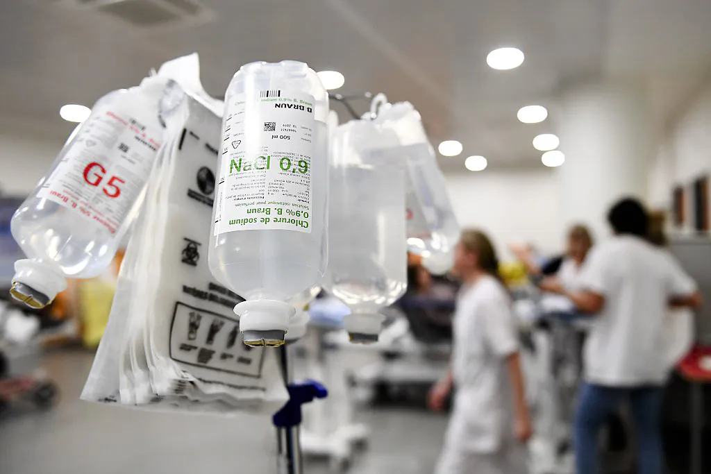 Bottles of fluid used for intravenous therapy in the emergency room of Hopital de la Timone hospital in Marseille, France, on Jan. 11, 2017. (BORIS HORVAT/AFP via Getty Images)
