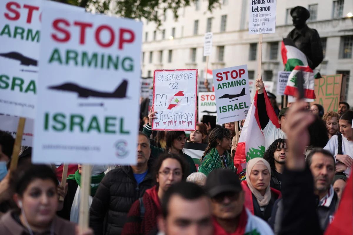 People during a pro-Palestine and pro-Lebanon protest on Whitehall in central London, England, on Sept. 26, 2024. (Jordan Pettitt/PA Wire)