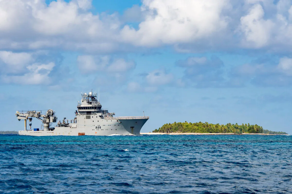 Image released by New Zealand Defence Force, HMNZS Manawanui arrives in Funafuti Lagoon, Tuvalu, dated Sept. 7, 2022. (PO Christopher Weissenborn/NZDF via AP)
