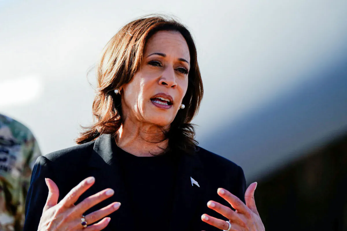 Democratic presidential nominee and Vice President Kamala Harris speaks to the members of the media, following a briefing with officials, in the wake of Hurricane Helene in Charlotte, N.C., on Oct. 5, 2024. (Elizabeth Frantz/Reuters)