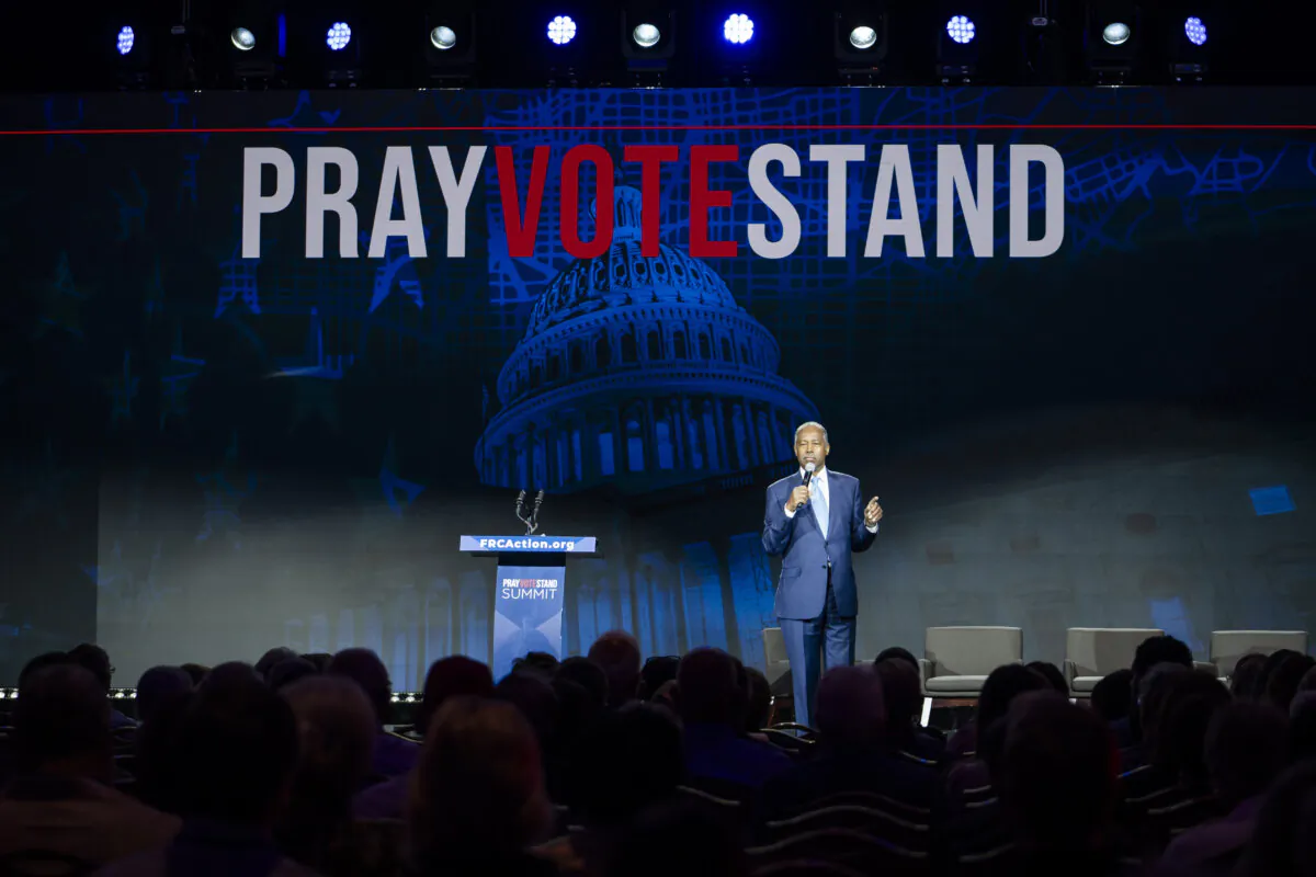 Former Secretary of Housing and Urban Development, Ben Carson, speaks during the Pray, Vote, Stand Summit in Washington on Oct. 4, 2024. (Madalina Vasiliu/The Epoch Times)